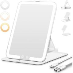 Auxmir Cosmetic Mirror with Lighting, Ultra Thin Makeup Mirror with 3 Light Colours, LED Mirror with Lighting, USB Rechargeable Table Mirror, Travel Mirror for Dressing Table, Travel, White