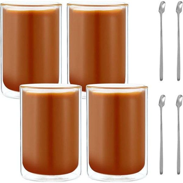 DUBUOZA Set of 4 Latte Macchiato Glasses, 400 ml Double-Walled Coffee Glasses, Thermal Glasses, Double-Walled Suitable for Tea, Coffee, Milk