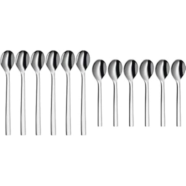 WMF Nuova Latte Macchiato Spoon Set of 6, Long Spoons 19 cm, Yoghurt Spoon, Polished Cromargan Stainless Steel & Nuova Espresso Spoon Set, 6 Pieces, L 11 cm, Polished Cromargan Stainless Steel