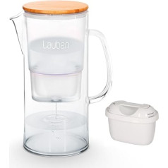 32GW Water Filter Jug Glass, Filter Jug Total Volume 3.2 L, Borosilicate Glass, Water Filter Cartridge Included, Antibacterial Bamboo Lid, No Plastic Aftertaste in What