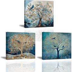 Piy Painting Blue Tree Canvas Picture, Abstract Modern Living Room Pictures, Art Prints on Canvas, Framed Artwork, Wall Decoration for Yoga, Room, Office, Home Decor, 3 Pictures, 30 x 30 cm