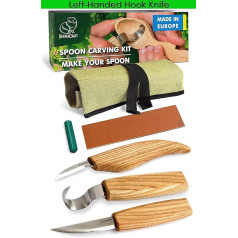 BeaverCraft S13L Wood Carving Tools Set for Spoon Carving, 3 Knives in Tool Roll, Pulling Strap with Green Polishing Paste, Hook Knife, Sloyd Knife (Left Handed Spoon Carving Set)