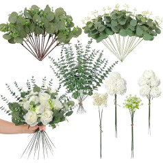 Weldomcor Pack of 72 Artificial Flowers & Artificial Branches, 7 Types Artificial Flowers Green Leaves Decorative Branches, Artificial Flowers Like Real Rose Hydrangea Eucalyptus for DIY Artificial