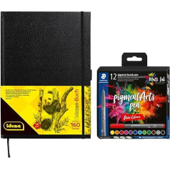 Idena 90303 Sketchbook DIN A4 with 160 Pages Blank Includes 12 Staedtler Felt Tip Pens Pigment Brush Pen with Brush Tip for Variable Line Width