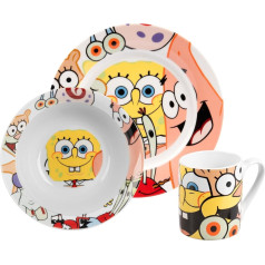 Spongebob Squarepants Children's Breakfast Set with Spongebob, Porcelain Crockery Set, 3-Piece with Plate, Bowl and Cup, Dishwasher and Microwave Safe