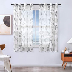 MRTREES Voile Curtains Semi-Transparent Flowers Embroidery Curtains Pattern with Eyelets Linen Look for Living Room Bedroom Children's Room Grey Set of 2