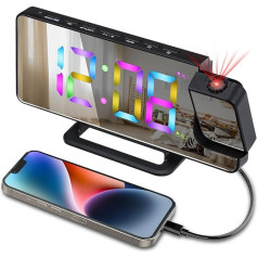 Projektionswecker, 7,4“ LED-Spiegel-Digitaluhr an die Decke projiziert, um 180° drehbar, 6 Helligkeitsstufen, Snooze-Funktion, 5 - 60 Minuten, USB-Ladegerät, automatische Dimmung, für Schlafzimmer