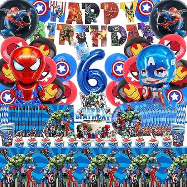 101 Pieces 6 Years Superhero Party Tableware Birthday Decoration Set, 6 Years Superhero Party Decoration Supplies, 6 Years Superhero Party Decoration Birthday Children Tableware Plate Birthday Hat