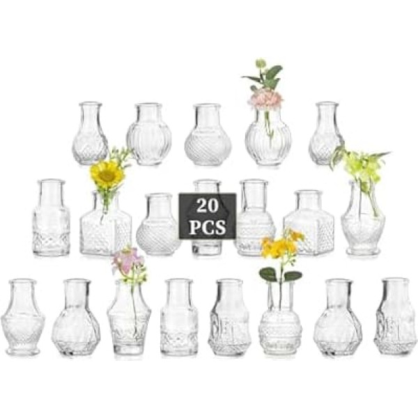 Glasseam Glass Small Vases for Table Decoration: Pack of 20 Mini Glass Vases Set Vintage Vase Small for Wedding Party Birthday Home Living Room Table Decoration