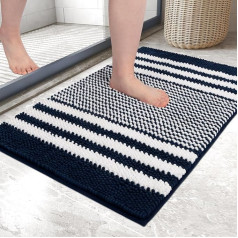 Bath Mat Rug 60 x 90 cm Extra Soft and Absorbent Fluffy Striped Chenille, Non Slip Shaggy Bathroom Floor Mat, Machine Washable (Navy Blue)