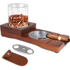 X-BLTU Wooden Cigar Ashtray / Ashtray with Whiskey Glass Tray and Cigar Holder + 1 Stainless Steel Cigar Cutter with Holster, Cigar Cutter Cigar Cutter, Double Blade Scissors