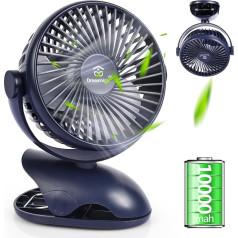 Dreamhigh® USB Fan 10,000 mAh, Maximum Battery Life 35 Hours, 360° Rotation Mini Fan Battery, 4-Speed Table Fan, Small, Clip Fan for Desktop, Pram, Office, Motorhome, Camping