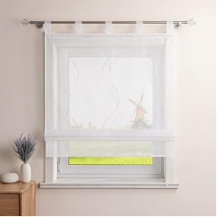 Roman Blind Country House Roman Curtain Kitchen Modern Tab-Top Roller Blind Linen Look with Wave Pattern Transparent Roller Blinds Short Window Scarf with Loops W/H 120/140 cm White