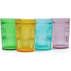 Glassware, Embossed Tumblers, Vintage Drinking Glasses, Coloured Water Cups, Set of 4, 13 Ounce Capacity
