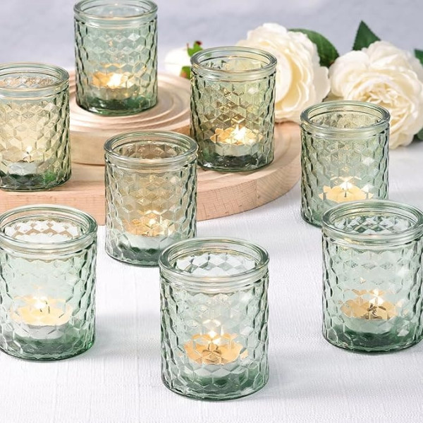 Azuritek 12 x Green Candle Jars, Tea Light Holders, Lantern, Candle Glass, Candle Holder Glass for Decoration