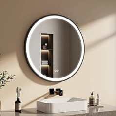 EMKE Round Bathroom Mirror LED Wall Mirror Diameter 80 cm Touch Switch 3 Light Colours Dimmable Adjustable Leather Strap