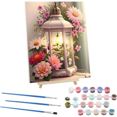 Paint by Numbers Adults with Frame Flowers, Lantern Paint by Numbers with Wrinkle Free Canvas and Wooden Easel, DIY Lantern Hand Painted Oil Painting Kit for Beginners as a Gift 30 x 40 cm