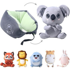 2-in-1 Children's Travel Pillow, Transformable Neck Pillow, U-shaped Pillow, with Koala Plush Toy, Yes Play Companion and Sleep for Planes, Cars and Travel (Grey)