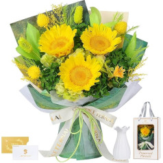 Sonnenblumenstrauß mit Vase, Ewiger Blumenstrauß, Echte Preserved Blumen, Geschenke für Frauen, Ehefrauen, Freundinnen, Geschenke für sie zum Geburtstag, Jahrestag, Muttertag (Sonnenblume)
