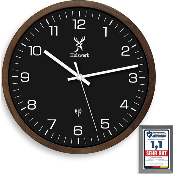 Holzwerk Segeberg Wooden Radio-Controlled Wall Clock Wooden Clock Radio Controlled Clock Silent Movement without Ticking Noises Brown Black White Silent Solid Wood Natural 30 cm