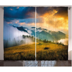 ABAKUHAUS Landscape Rustic Curtain, Misty Mountaintops, Living Room Universal Tape Curtains with Loops and Hooks, 280 x 225 cm, Green Blue