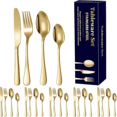 Gold Cutlery Set for 6 - 24 Piece Polished Modern Design with Gift Box Essential for Home, Restaurant, Party & Wedding