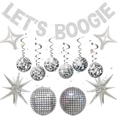 70s Disco Party Banner Decorations - Pack of 23 Silver Lets Boogie Decor Hanging Swirls, Explosion Star Laser Disco Balloons for 60s 80s 90s Retro Party Blanket Supplies
