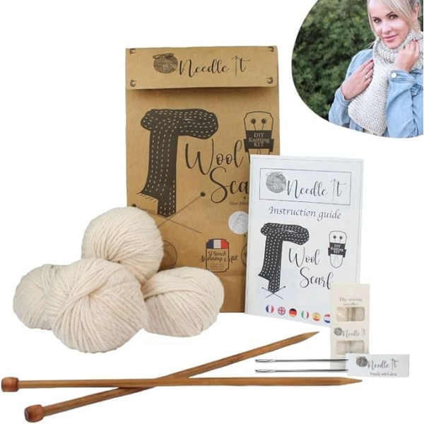 Complete knitting set for beginners with knitting needles - knitting scarf made of wool - gift idea