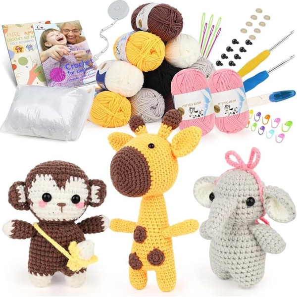 Aeelike 3 in 1 Animal Crochet Set for Beginners Children, Crochet Starter Crochet Set with Crochet Hooks 3.5 mm 4.0 mm, 11 Crochet Wool, Accessories, Cute Crochet Set Crochet Pack with Step-by-Step