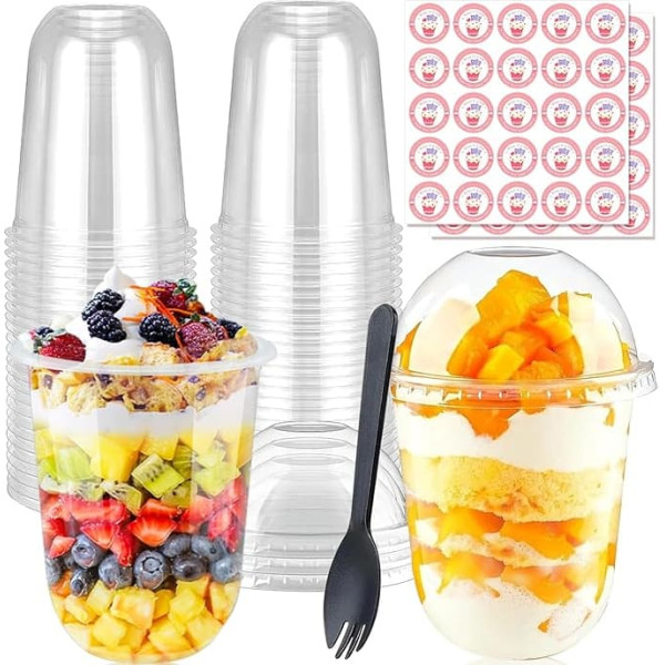 Dessert Glasses Plastic Pack of 50 Dessert Cups Plastic 500 ml Dessert Glasses with Lid and Spoons, Plastic Dessert Cups Reusable, Dessert Bowls Plas-tik for DIY Desserts Pudding Mousse Ice Cream
