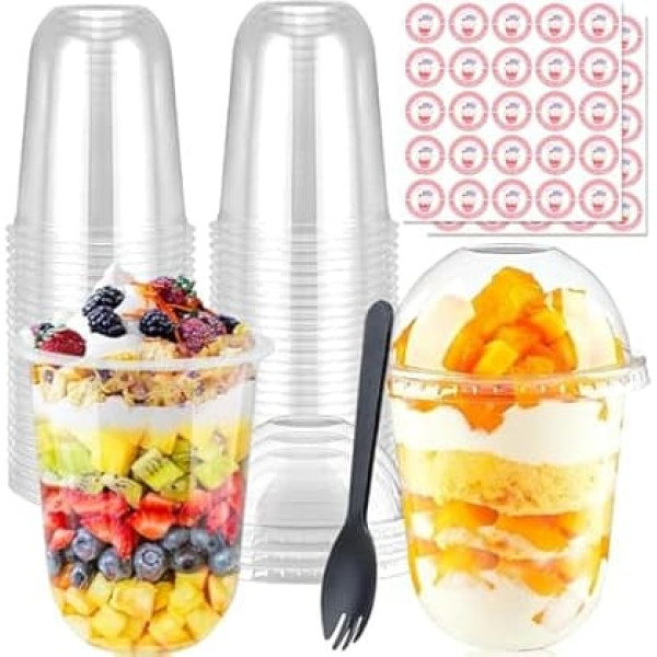Dessert Glasses Plastic Pack of 50 Dessert Cups Plastic 500 ml Dessert Glasses with Lid and Spoons, Plastic Dessert Cups Reusable, Dessert Bowls Plas-tik for DIY Desserts Pudding Mousse Ice Cream