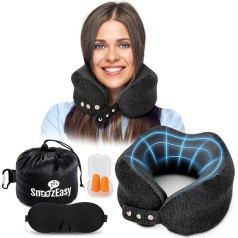 SnoozEasy™ Adult Travel Pillow | High Density Memory Foam Neck Pillow for Airplane | Adjustable Air Travel Pillow with Eye Mask, Earplugs, Carry Bag and Carabiner Hook | UK Brand
