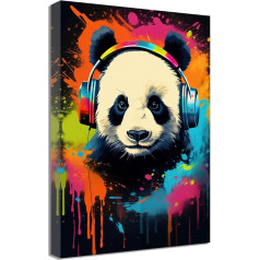 ZQQART Canvas Prints with Animal with Headphones Funny Colourful Animal Picture Music DJ Animal Graffiti Poster for Living Room Bathroom Bedroom Office Home Wall Decoration (Panda, 30 x 45 cm)