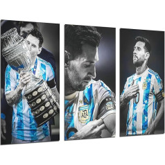 Cuadros Cámara Set of 3 Wall Pictures Modern Living Room Bedroom Room Print on Wood with Hanger Football Messi Argentina (97 x 62 cm)