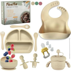 FlexiTot Feeding Set, Weaning Set, Silicone, Weaning Plate with Suction Cup for Babies, Baby Cup with Straw, Baby Bowl, Baby Cutlery, +6 Months (Beige)