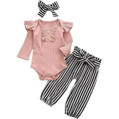 Baby-Kleidungs-Set für Neugeborene, mit fliegenden Ärmeln, gestreifte/florale Hose + Stirnband, niedliches Kleinkind-Mädchen-Kleidungs-Set, 3-teilig, Herbst – Rosa, 12–18 Monate, rose, 12-18 Months