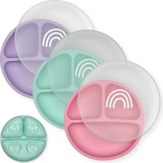 Hippypotamus Toddler Plates with Suction Cup - Baby Plates - 100% Food Grade Silicone Divided Plates - BPA Free - Dishwasher Safe - Set of 3 (Sage/Blush/Nude) (Pink/Mint/Lavender with