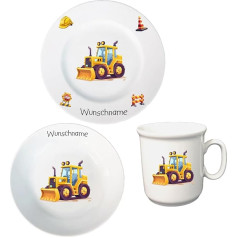 Children's Crockery Personalised – Breakfast Service 3-Piece Porcelain Plate Mug Bowl Personalised with Name of Choice Breakfast Set with Name (Wheel Loader)