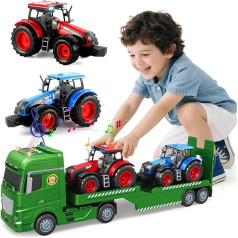 PIIMNT Tractor Toy with Trailer, Large Toy Tractor with Light and Sound, Car Transporter, Truck Tractor Vehicles for Ages 3 4 5 6 7 8 Years
