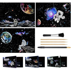 Scratch and Engraving Art Paper (40.6 x 28.4 cm) for Children and Adults, Rainbow Sketch Painting, Landscape Scratching Board, 2 Pieces with 4 Tools - Drawing Pens, Clean Brush (Space Night)