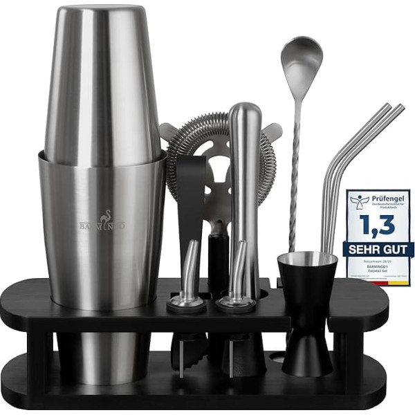 BARMINGO Stainless Steel Cocktail Set 11-Piece - 825 ml Boston Cocktail Shaker Set with Stand and Bar Accessories, Cocktail Shaker Set, Bartender Set, Cocktail Mix Set, Bar Set, Boston Shaker, Black