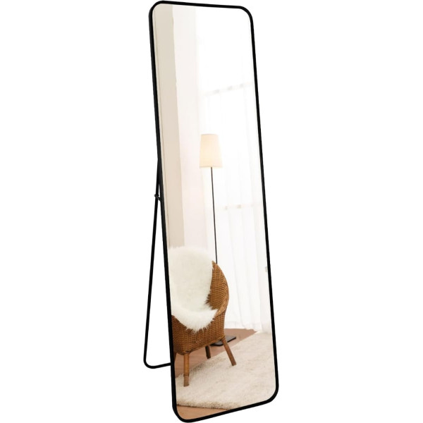 RLAVBL 140 x 40 cm Standing Mirror or Wall Mirror with Black Aluminium Frame, Safety Tempered Glass, Rounded Corners, for Bedroom, Hallway, Living Room