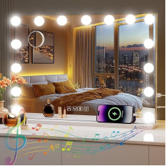 Habison Hollywood Mirror with Bluetooth with 15 LED Lamps, 58 x 46 cm Makeup Mirror with USB Output and 5x Magnification Bluetooth Cosmetic Mirror, 3 Colour Temperature Light, Touchscreen Mirror