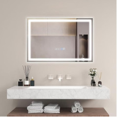 FANTASK Bathroom Mirror with Lighting, 60 x 40 cm LED Mirror Dimmable 3000K-6000K, Anti-Fog Bathroom Mirror with Clock