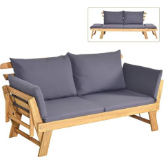 COSTWAY Acacia Wood Sofa Bed with Adjustable Armrests, Chaise Longue Foldable with Armrests and Cushions, Outdoor Sofa Bed for Garden, Pool, Yard (Grey)