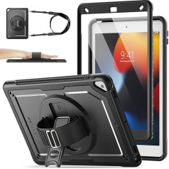 SEYMAC stock Case for iPad 9th/8th/7th Generation 10.2 Inch 2021/2020/2019, Shockproof Case with Screen Protector, Pen Holder, 360° Rotating Stand/Hand Strap & Shoulder Strap, Black