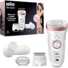 Braun Silk-épil 9 Women's Epilator / Hair Remover for Long-Lasting Hair Removal with Facial Cleansing Brush, Shaving and Trimmer Attachment, 9-855, White/Rose Gold