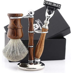 Haryali London Shaving Set, 3 Piece Manual Wood Shaving Set for Men Grooming, Triple Edge Razor, Best Badger Hair Shaving Brush, Complete with Shaving Stand, Wood Shaving Set