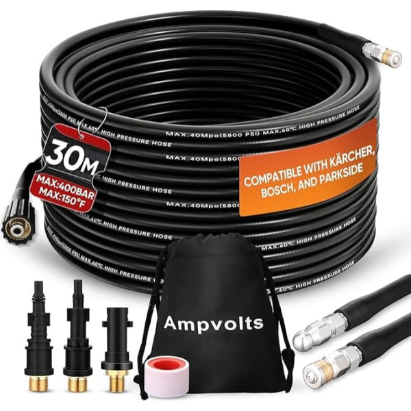 Ampvolts Pipe Cleaning Hose Set 30 m - 400 Bar/5800 PSI, Compatible with Karcher K2-K7, Lavor, Bosch Pressure Washer, Premium Karcher Pipe Cleaning Set for Clogged Pipes and Drains