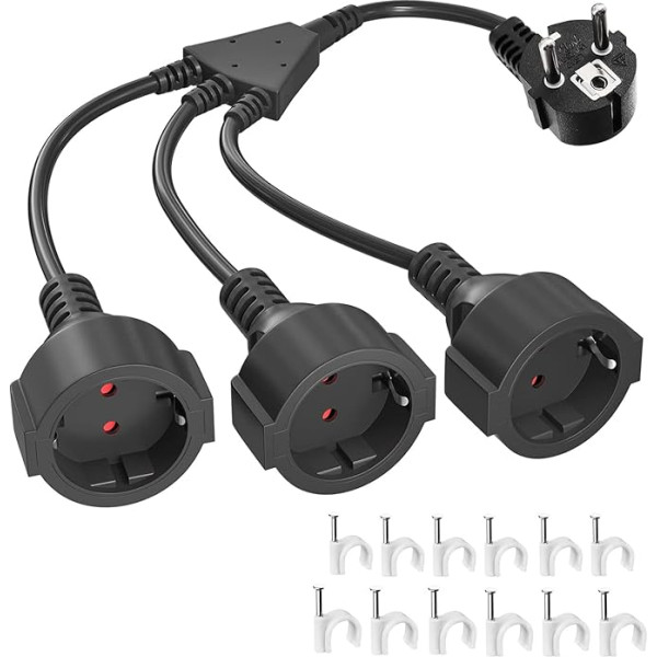 Extension Cable with 3 Schuko Sockets, 3-in-1 Multiple Socket Adapter with Flexible Cable, 3680 W Extension Triple Plug Double Plug for Socket 1.5 mm², 16 A/250 V, Black